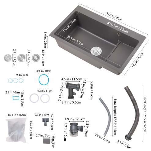 Living and Home Modern Quartz Resin Composite Kitchen Sink with Waste Kit, 80cm W x 49cm D x 22cm H, Graphite Grey