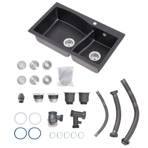 Modern Double Bowl Quartz Resin Composite Kitchen Sink with Waste Kit, 81cm W x 48cm D x 21cm H, Black