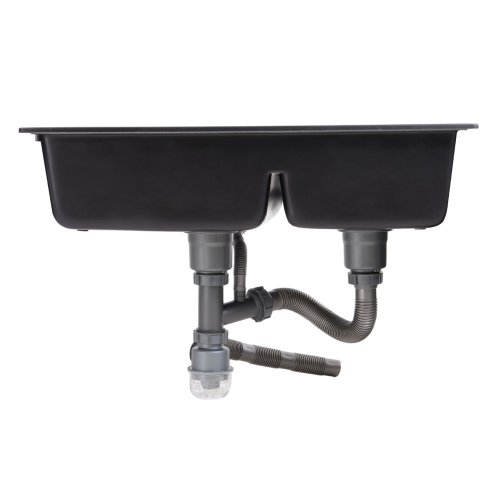 Modern Double Bowl Quartz Resin Composite Kitchen Sink with Waste Kit, 81cm W x 48cm D x 21cm H, Black