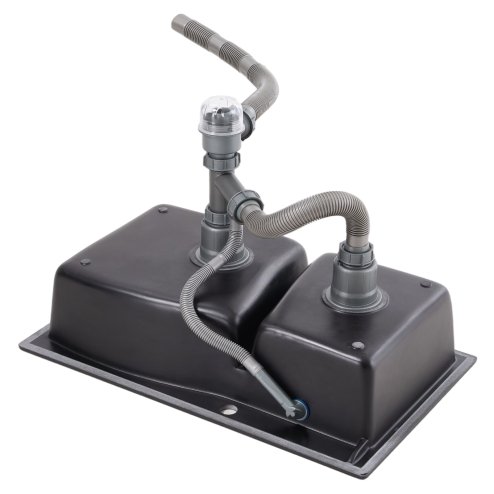 Modern Double Bowl Quartz Resin Composite Kitchen Sink with Waste Kit, 81cm W x 48cm D x 21cm H, Black