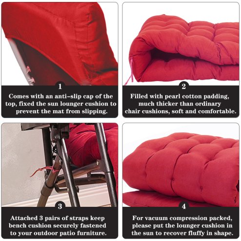 Living and Home 160cm W x 50cm D Non-slip Sun Lounger Cushion for Garden Patio, Red
