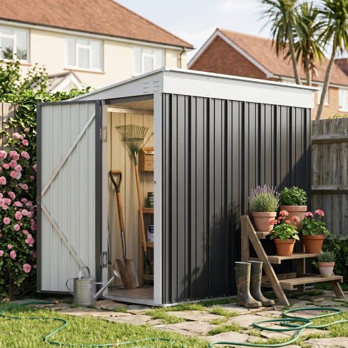 Living and Home 4.27x6.27FT Anthracite Single Door Metal Pent Roof Garden Storage Shed, Weatherproof Outdoor Tool Cabinet Without Base Floor