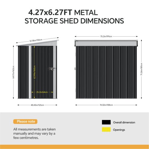 Living and Home 4.27x6.27FT Anthracite Single Door Metal Pent Roof Garden Storage Shed, Weatherproof Outdoor Tool Cabinet Without Base Floor