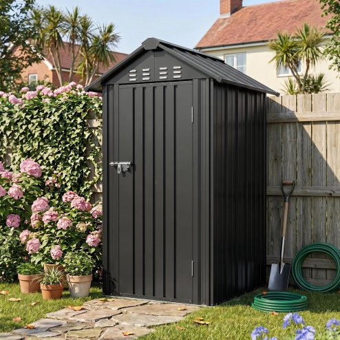 Living and Home 4x4FT Anthracite Black Apex Roof Metal Garden Storage Shed, Lockable Single Door Outdoor Tool Cabinet Without Base Floor