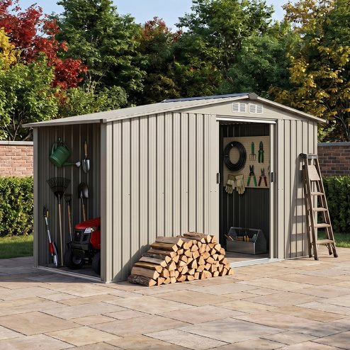 Living and Home 4.29x8.43FT Grey Apex Metal Garden Storage Shed with Side Log Storage Area, Lockable Sliding Double Door Outdoor Tool House Without Base Floor