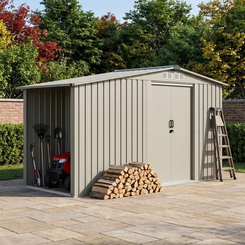 Living and Home 4.29x8.43FT Grey Apex Metal Garden Storage Shed with Side Log Storage Area, Lockable Sliding Double Door Outdoor Tool House Without Base Floor