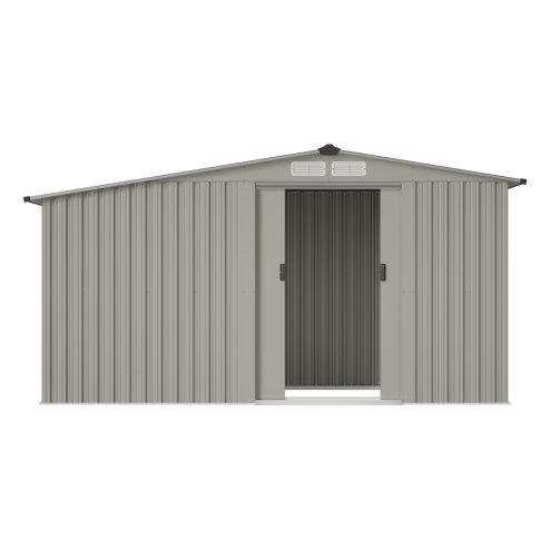 Living and Home 4.29x8.43FT Grey Apex Metal Garden Storage Shed with Side Log Storage Area, Lockable Sliding Double Door Outdoor Tool House Without Base Floor