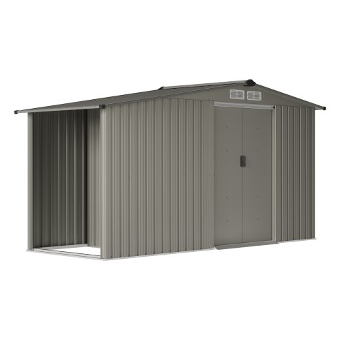 Living and Home 4.29x8.43FT Grey Apex Metal Garden Storage Shed with Side Log Storage Area, Lockable Sliding Double Door Outdoor Tool House Without Base Floor