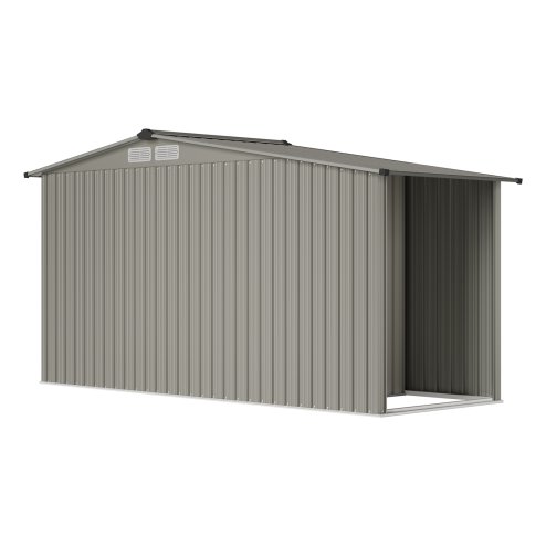 Living and Home 4.29x8.43FT Grey Apex Metal Garden Storage Shed with Side Log Storage Area, Lockable Sliding Double Door Outdoor Tool House Without Base Floor