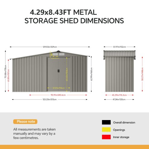 Living and Home 4.29x8.43FT Grey Apex Metal Garden Storage Shed with Side Log Storage Area, Lockable Sliding Double Door Outdoor Tool House Without Base Floor