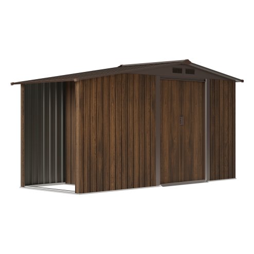 Living and Home 4.29x8.43FT 3D Brown Wood Grain Apex Metal Garden Storage Shed with Side Firewood Storage, Lockable Sliding Double Door Outdoor Tool House Without Base Floor