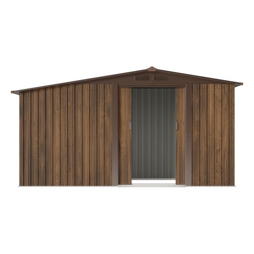 Living and Home 4.29x8.43FT 3D Brown Wood Grain Apex Metal Garden Storage Shed with Side Firewood Storage, Lockable Sliding Double Door Outdoor Tool House Without Base Floor