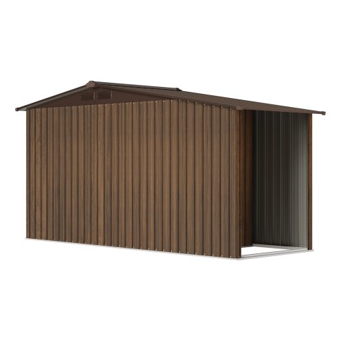 Living and Home 4.29x8.43FT 3D Brown Wood Grain Apex Metal Garden Storage Shed with Side Firewood Storage, Lockable Sliding Double Door Outdoor Tool House Without Base Floor