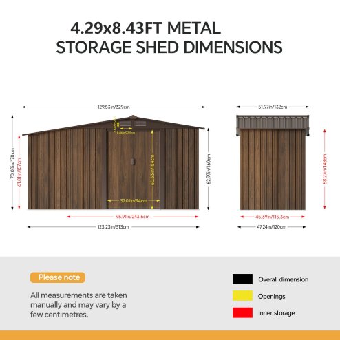 Living and Home 4.29x8.43FT 3D Brown Wood Grain Apex Metal Garden Storage Shed with Side Firewood Storage, Lockable Sliding Double Door Outdoor Tool House Without Base Floor