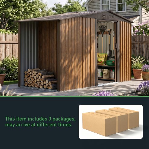 Living and Home 4.29x8.43FT 3D Brown Wood Grain Apex Metal Garden Storage Shed with Side Firewood Storage, Lockable Sliding Double Door Outdoor Tool House Without Base Floor