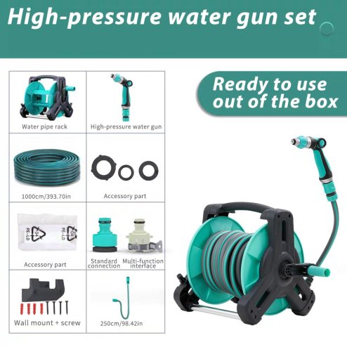Living and Home Portable Green Garden Hose Reel Set with 10/15/20/25m Water Hose, Multi-Function High Pressure Spray Gun & Wall Mount Accessories