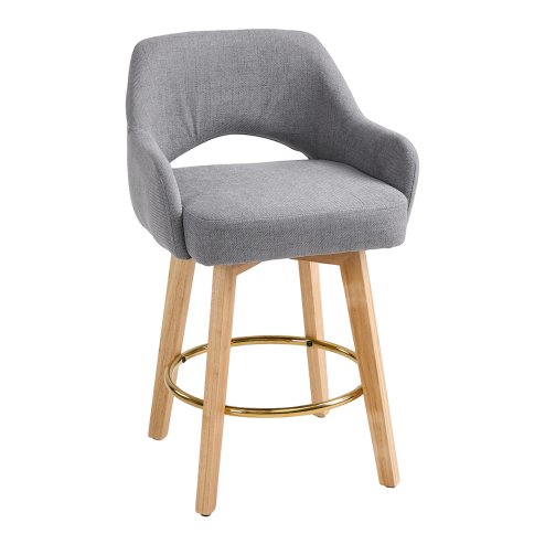 Living and Home Set of 2 Grey Chenille 360° Swivel Bar Stools, Cutout Arm Counter Stools with Natural Wood Legs & Gold Metal Footrest Ring