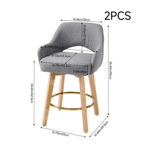Living and Home Set of 2 Grey Chenille 360° Swivel Bar Stools, Cutout Arm Counter Stools with Natural Wood Legs & Gold Metal Footrest Ring