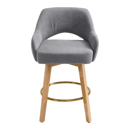 Living and Home Set of 2 Grey Chenille 360° Swivel Bar Stools, Cutout Arm Counter Stools with Natural Wood Legs & Gold Metal Footrest Ring