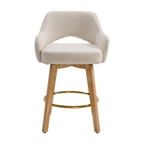 Living and Home Set of 2 Beige Chenille 360° Swivel Bar Stools, Cutout Arm Counter Stools with Natural Wood Legs & Gold Metal Footrest Ring