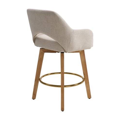 Living and Home Set of 2 Beige Chenille 360° Swivel Bar Stools, Cutout Arm Counter Stools with Natural Wood Legs & Gold Metal Footrest Ring