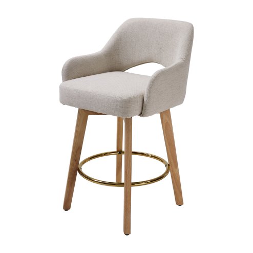 Living and Home Set of 2 Beige Chenille 360° Swivel Bar Stools, Cutout Arm Counter Stools with Natural Wood Legs & Gold Metal Footrest Ring