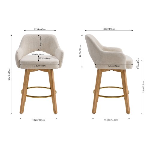 Living and Home Set of 2 Beige Chenille 360° Swivel Bar Stools, Cutout Arm Counter Stools with Natural Wood Legs & Gold Metal Footrest Ring