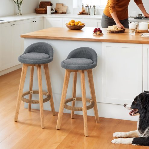 Living and Home Set of 2 Grey Linen Upholstered Bar Stools, Curved Back Counter Stools with Natural Rubber Wood Legs & Rope Wrapped Footrest Ring
