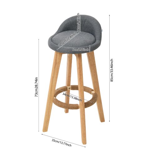 Living and Home Set of 2 Grey Linen Upholstered Bar Stools, Curved Back Counter Stools with Natural Rubber Wood Legs & Rope Wrapped Footrest Ring
