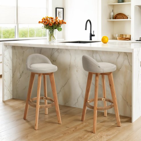 Living and Home Set of 2 Beige Linen Upholstered Bar Stools, Curved Back Counter Stools with Natural Rubber Wood Legs & Rope Wrapped Footrest Ring