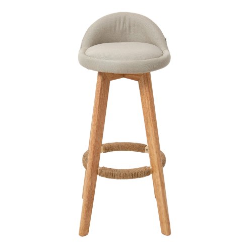 Living and Home Set of 2 Beige Linen Upholstered Bar Stools, Curved Back Counter Stools with Natural Rubber Wood Legs & Rope Wrapped Footrest Ring