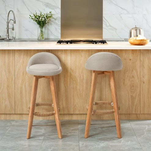 Living and Home Set of 2 Beige Linen Upholstered Bar Stools, Curved Back Counter Stools with Natural Rubber Wood Legs & Rope Wrapped Footrest Ring