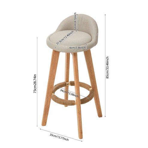 Living and Home Set of 2 Beige Linen Upholstered Bar Stools, Curved Back Counter Stools with Natural Rubber Wood Legs & Rope Wrapped Footrest Ring
