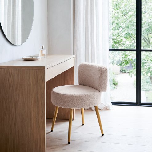 Living and Home Oatmeal Teddy Fleece Round Vanity Stool, Upholstered Dressing Table Chair with Gold Metal Adjustable Legs & Small Backrest