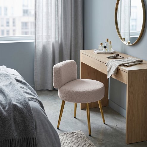 Living and Home Oatmeal Teddy Fleece Round Vanity Stool, Upholstered Dressing Table Chair with Gold Metal Adjustable Legs & Small Backrest