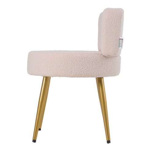 Living and Home Oatmeal Teddy Fleece Round Vanity Stool, Upholstered Dressing Table Chair with Gold Metal Adjustable Legs & Small Backrest