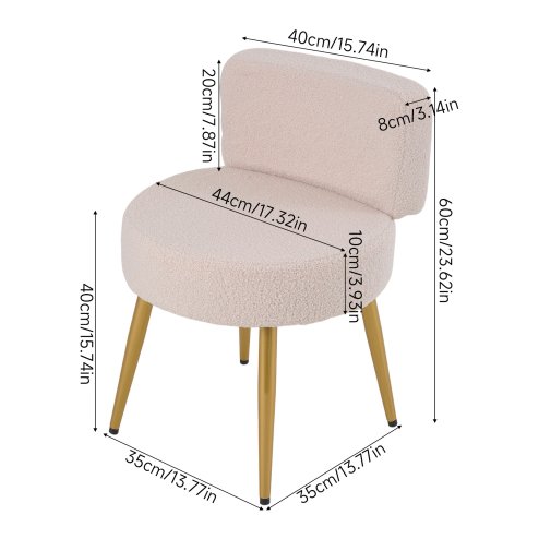 Living and Home Oatmeal Teddy Fleece Round Vanity Stool, Upholstered Dressing Table Chair with Gold Metal Adjustable Legs & Small Backrest