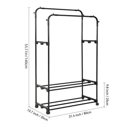 Living and Home Double Rod Metal Clothes Rack, Freestanding Clothing Rail