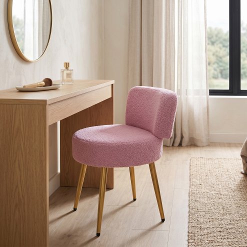 Living and Home Pinkish Purple Teddy Fleece Round Vanity Stool, Upholstered Dressing Table Chair with Gold Metal Adjustable Legs & Small Backrest