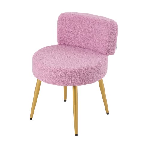 Living and Home Pinkish Purple Teddy Fleece Round Vanity Stool, Upholstered Dressing Table Chair with Gold Metal Adjustable Legs & Small Backrest