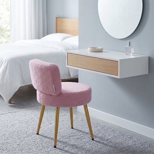 Living and Home Pinkish Purple Teddy Fleece Round Vanity Stool, Upholstered Dressing Table Chair with Gold Metal Adjustable Legs & Small Backrest