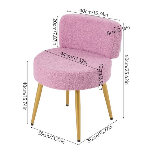 Living and Home Pinkish Purple Teddy Fleece Round Vanity Stool, Upholstered Dressing Table Chair with Gold Metal Adjustable Legs & Small Backrest