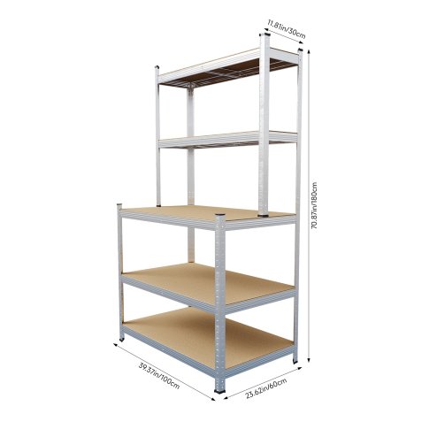 Living and Home 5-Tier Silver Galvanized Steel Storage Shelving Unit, Adjustable Heavy Duty Garage Rack with 33mm Boards, 175KG Per Layer Load Capacity