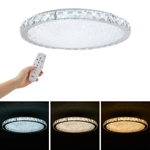 Living and Home 40cm Round Chrome LED Crystal Flush Mount Ceiling Light, 24W Dimmable 3 Color Changing Crystal Ceiling Lamp with Remote Control