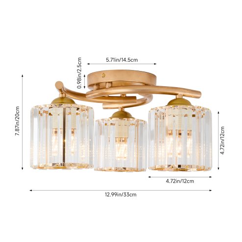 Living and Home 3-Light Gold Flush Mount Ceiling Light, Metal Frame Vertical Crystal Glass Shade Ceiling Lamp, E27 Socket Ceiling Fixture (Bulbs Not Included)