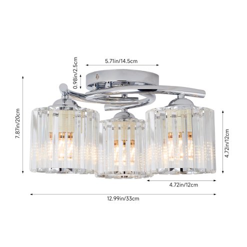 Living and Home 3-Light Silvery Flush Mount Ceiling Light, Metal Frame Vertical Crystal Glass Shade Ceiling Lamp, E27 Socket Ceiling Fixture (Bulbs Not Included)