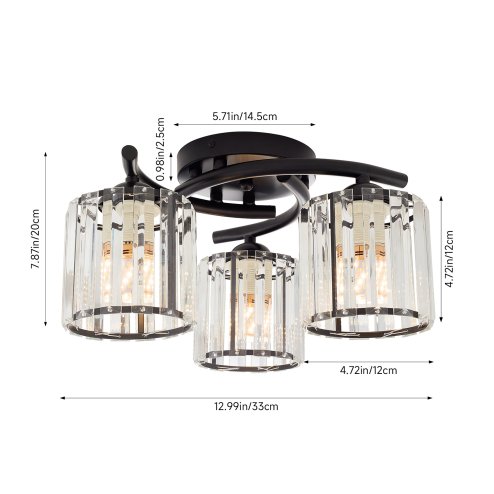 Living and Home 3-Light Black Flush Mount Ceiling Light, Metal Frame Vertical Crystal Glass Shade Ceiling Lamp, E27 Socket Ceiling Fixture (Bulbs Not Included)