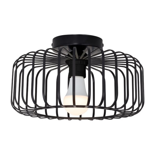 Living and Home Black Metal Wire Cage Flush Mount Ceiling Light, E27 Single Lamp Holder Industrial Ceiling Lamp with 3 Color LED Bulb, Wall Controlled Lighting Fixture