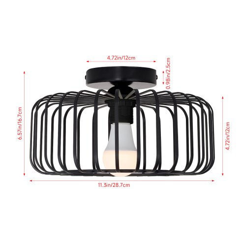Living and Home Black Metal Wire Cage Flush Mount Ceiling Light, E27 Single Lamp Holder Industrial Ceiling Lamp with 3 Color LED Bulb, Wall Controlled Lighting Fixture