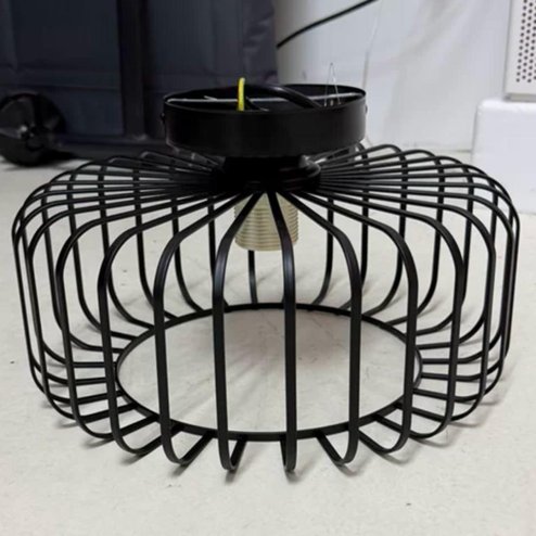 Living and Home Black Metal Wire Cage Flush Mount Ceiling Light, E27 Single Lamp Holder Industrial Ceiling Lamp with 3 Color LED Bulb, Wall Controlled Lighting Fixture